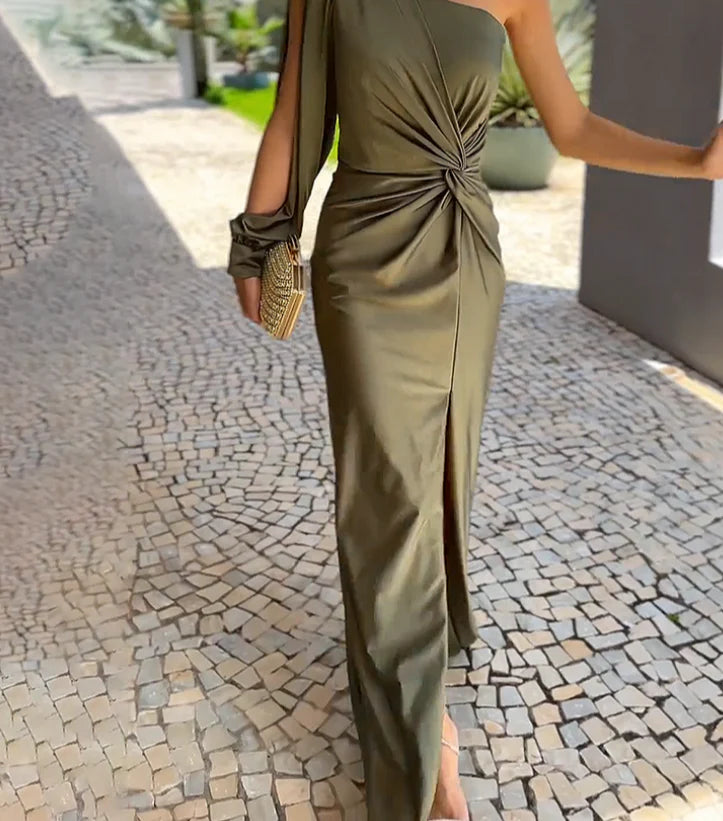 Nanette | Olive One Shoulder Ruched Maxi Dress