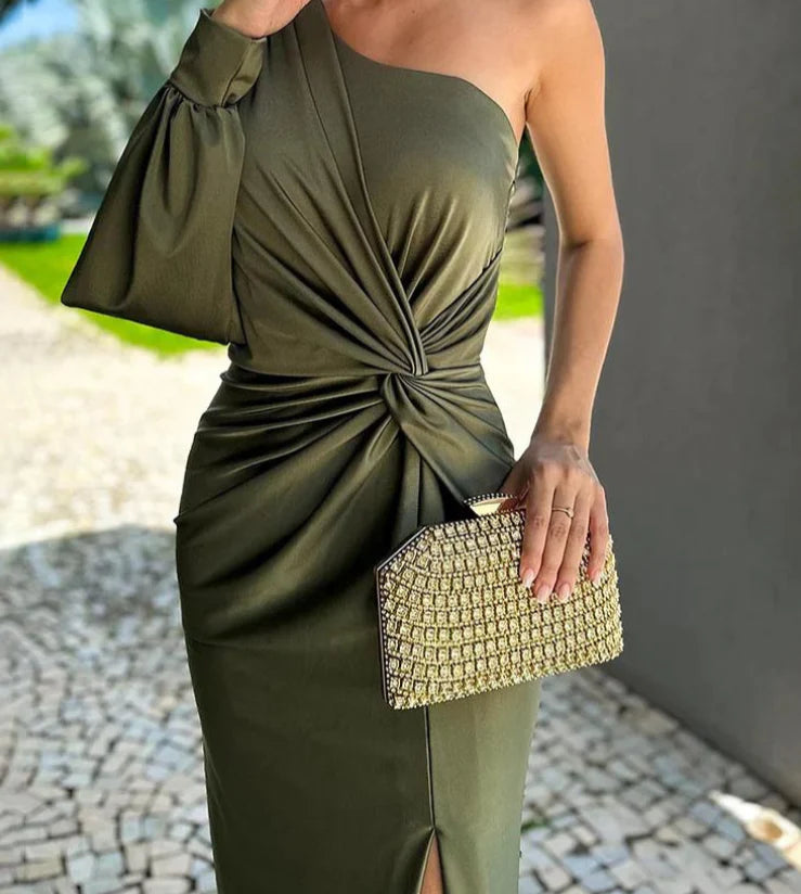 Nanette | Olive One Shoulder Ruched Maxi Dress