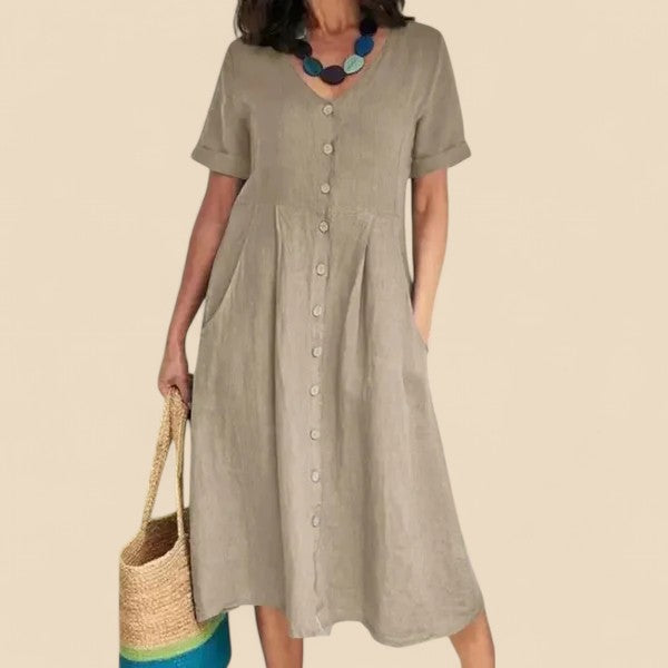 Vivienne | V-Neck Button Front Midi Dress