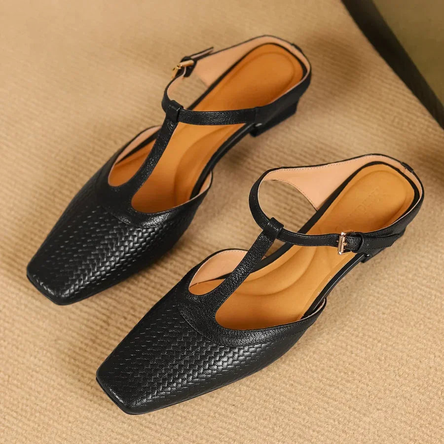 Birte | Woven T Strap Slingback Heels