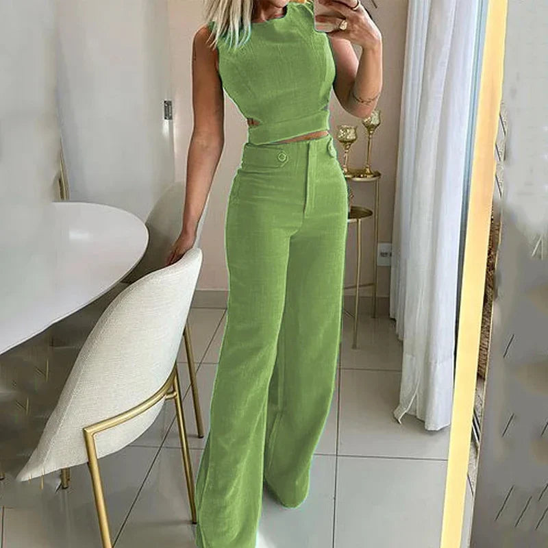 Alwinea - Wide Leg Trouser Set Sleeveless Crop Top