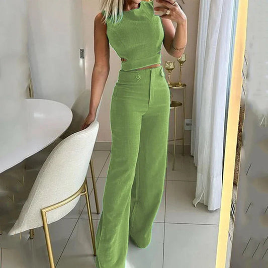 Alwinea - Wide Leg Trouser Set Sleeveless Crop Top
