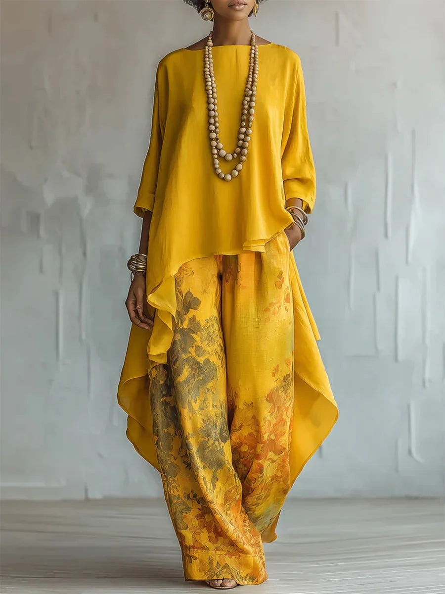 Irene | Asymmetric Top and Floral Wide Leg Trousers Set