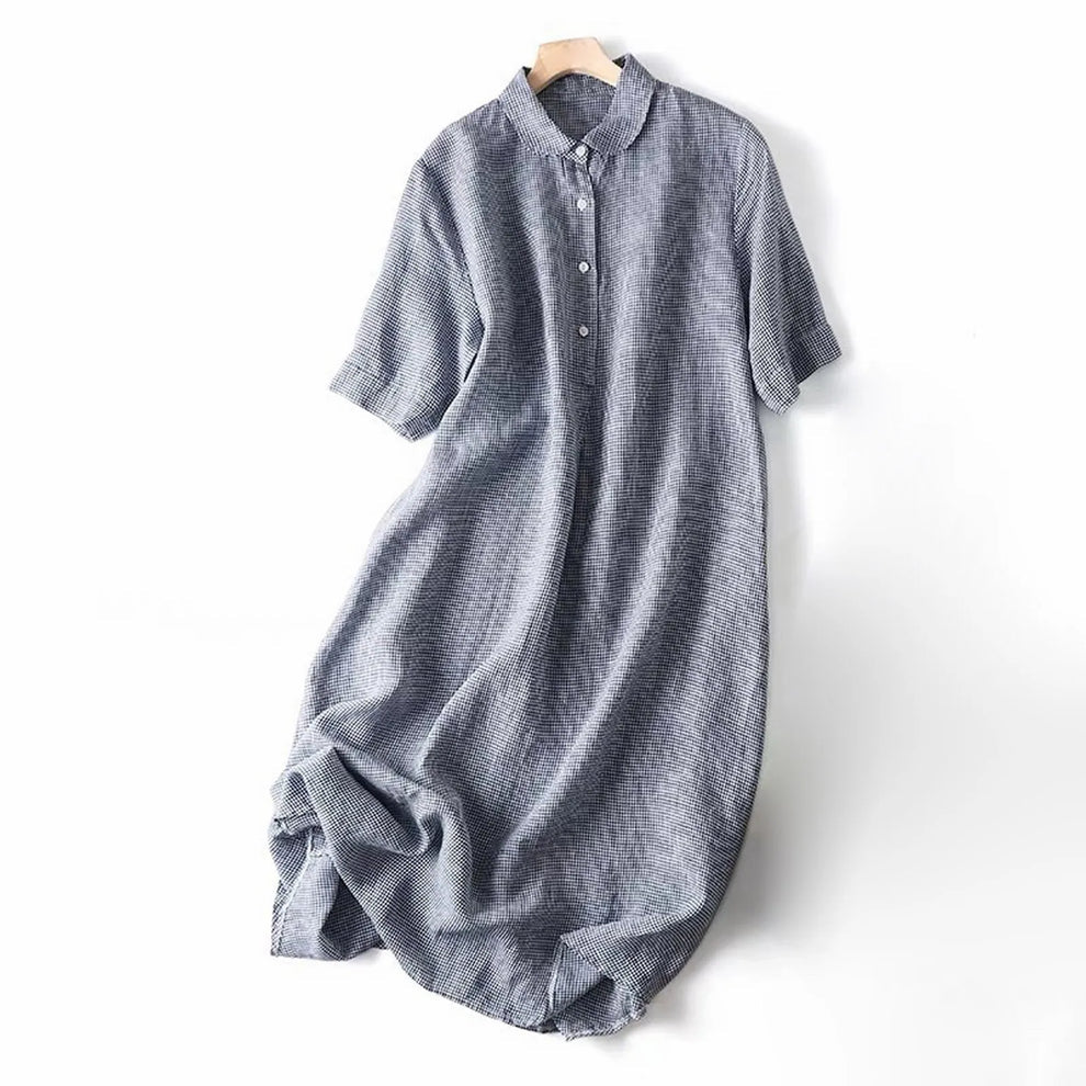 Luretta | Checked Collared Short Sleeve Midi Dress