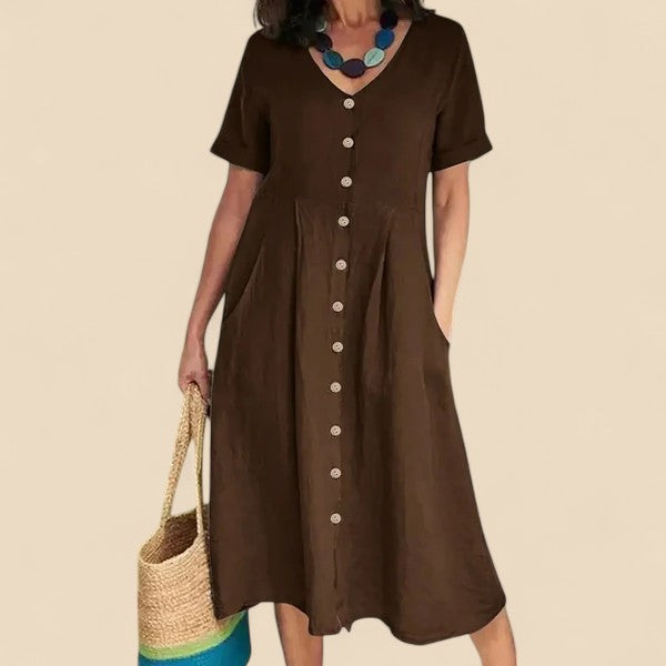 Vivienne | V-Neck Button Front Midi Dress