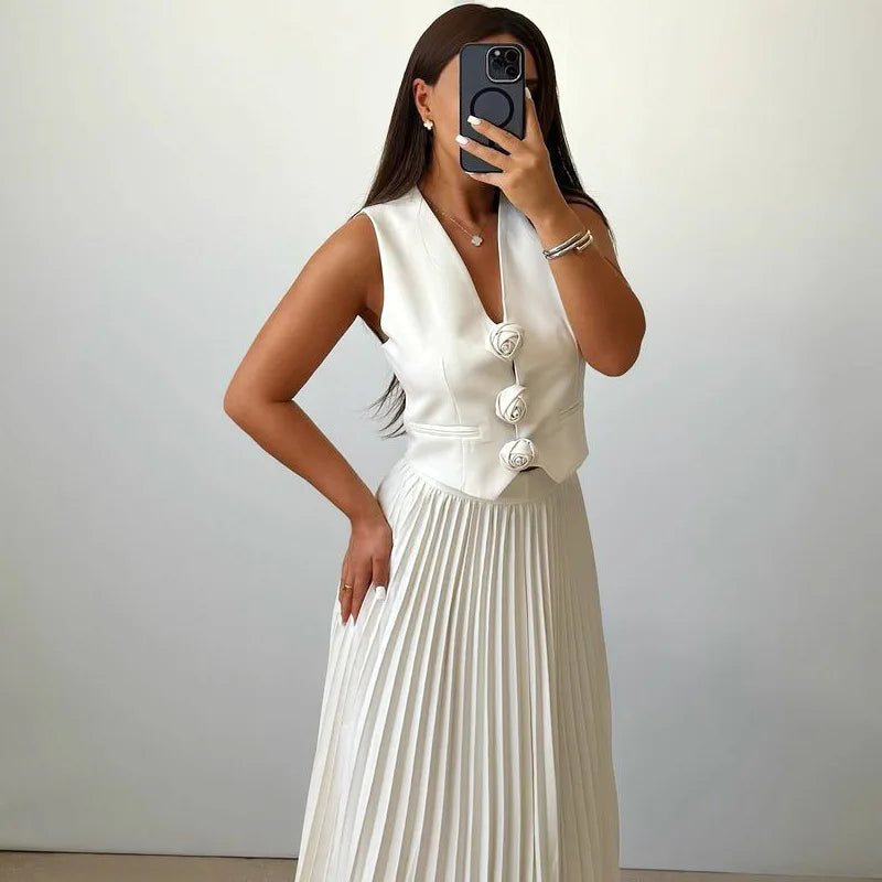 Beyza - Pleated Midi Skirt Sleeveless Two Piece Set