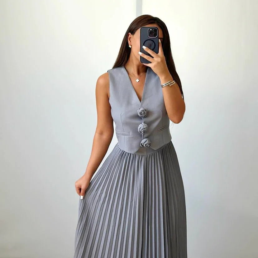 Beyza - Pleated Midi Skirt Sleeveless Two Piece Set