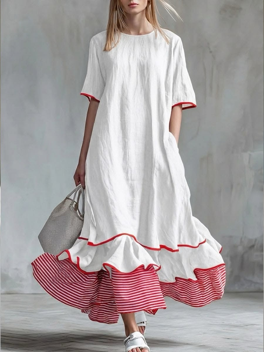 Behice | Maxi Dress White Short Sleeve Contrast Hem