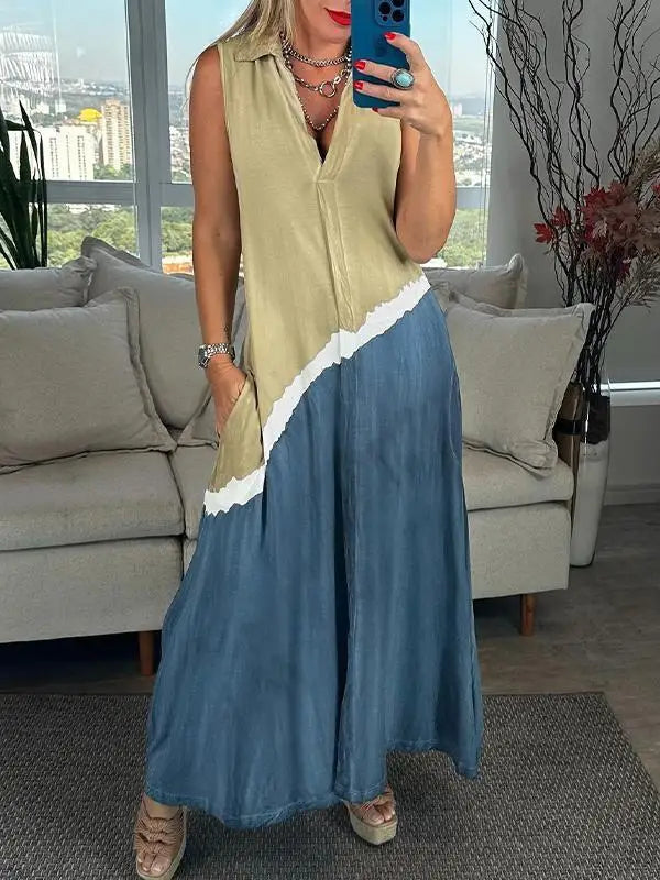 Meleana | Sleeveless V-Neck Colour Block Maxi Dress