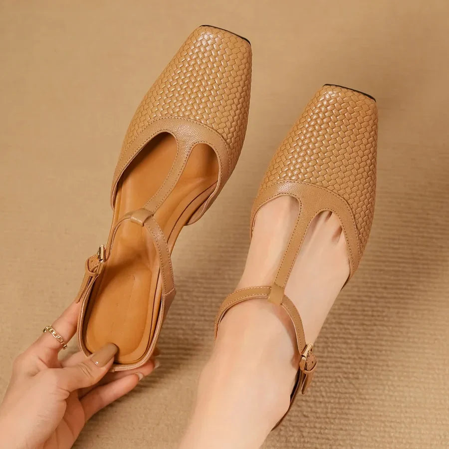 Birte | Woven T Strap Slingback Heels