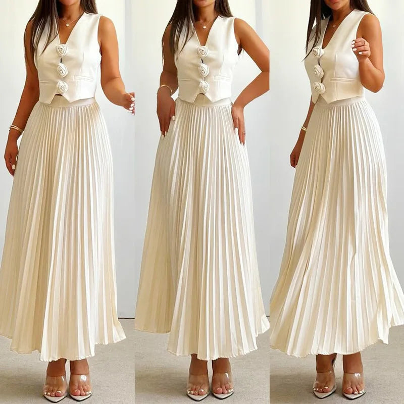 Beyza - Pleated Midi Skirt Sleeveless Two Piece Set