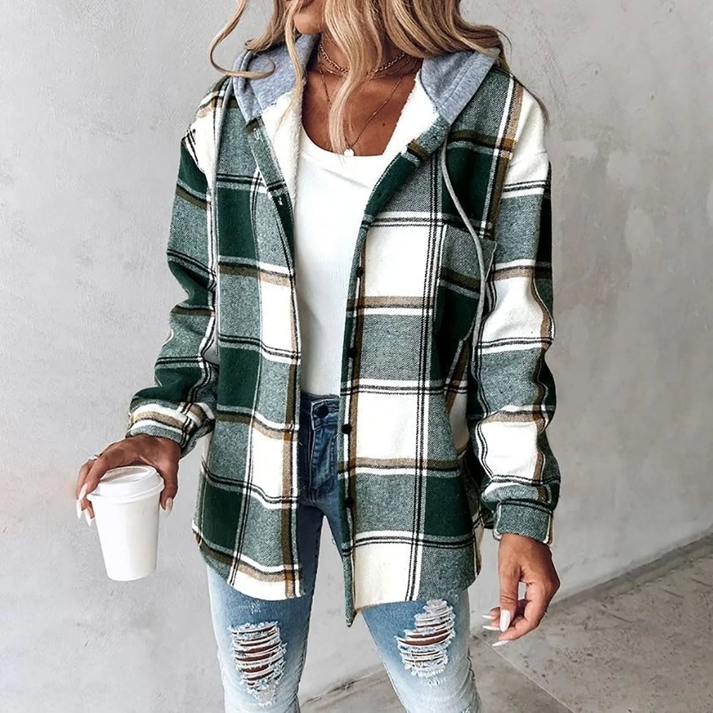 Katherina | Hooded Long Sleeve Check Overshirt Jacket