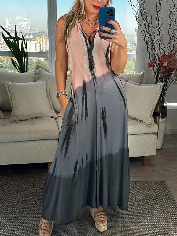Meleana | Sleeveless V-Neck Colour Block Maxi Dress