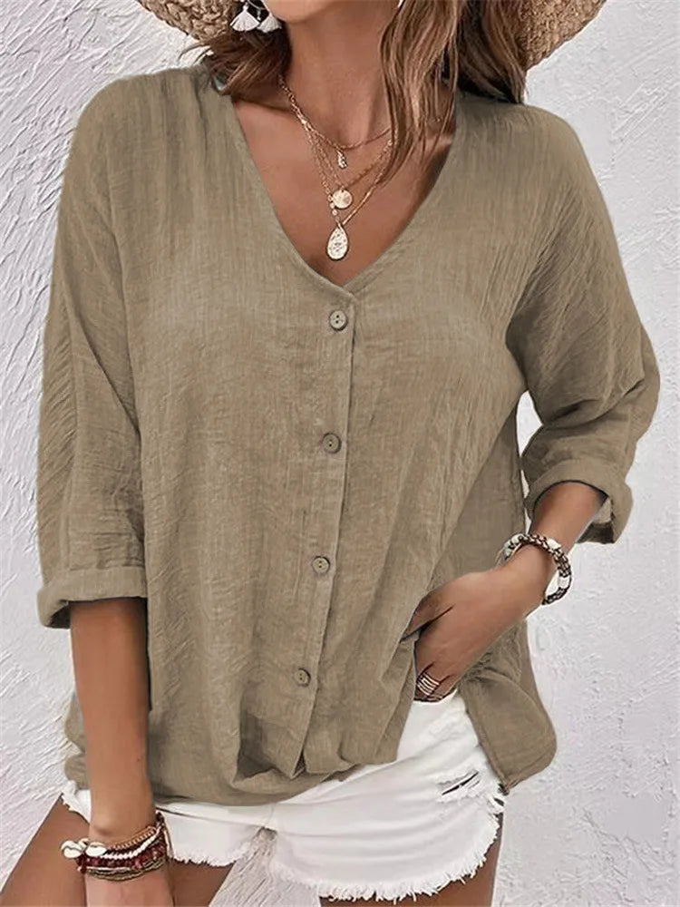 Rosalinda - V Neck Button Linen Blouse
