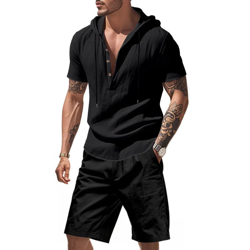 Wiliam - Short Sleeve Hooded Top and Shorts Set