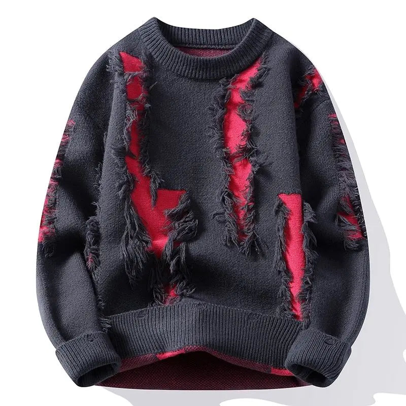 Samir | Sweater with Frayed Patchwork Knit Pattern