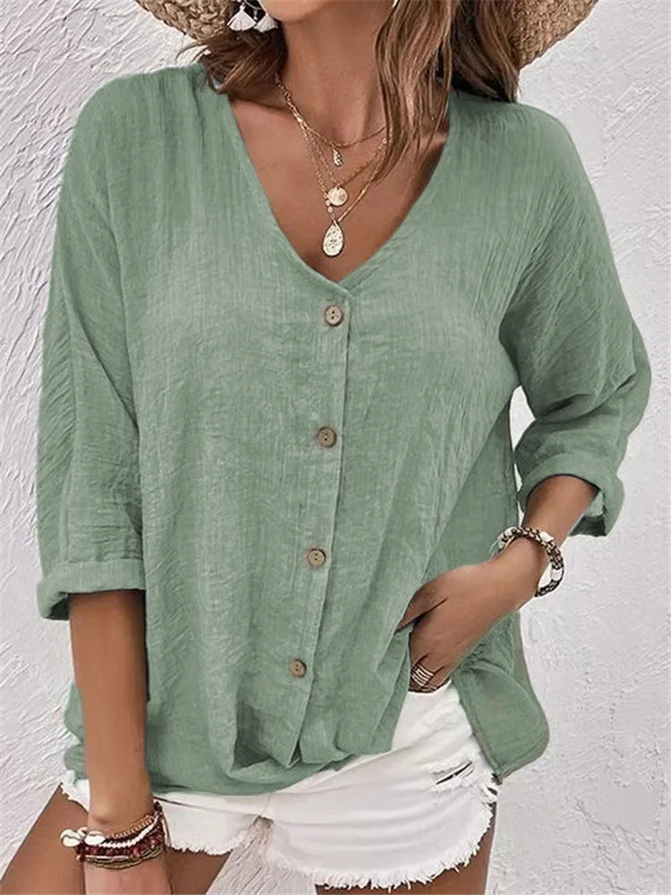 Rosalinda - V Neck Button Linen Blouse