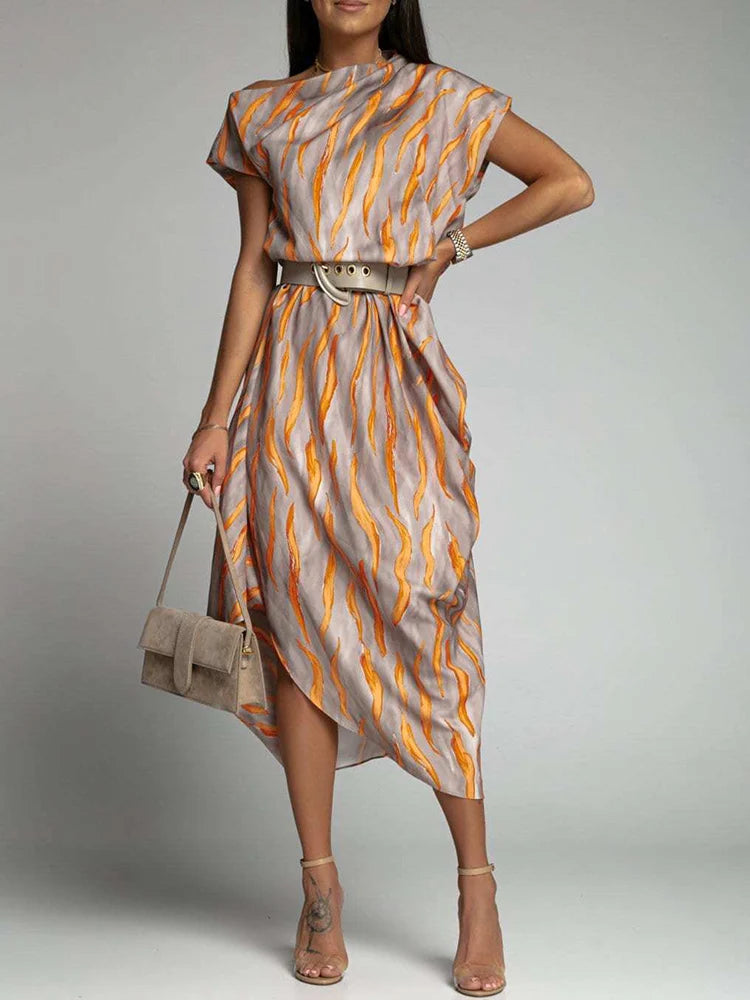 Angie - Asymmetric Printed Midi Dress With Belt