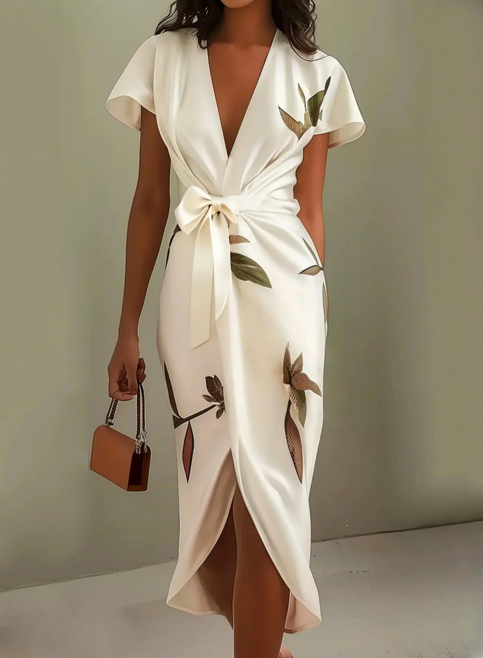 Beverly | Leaf Print Wrap Midi Dress