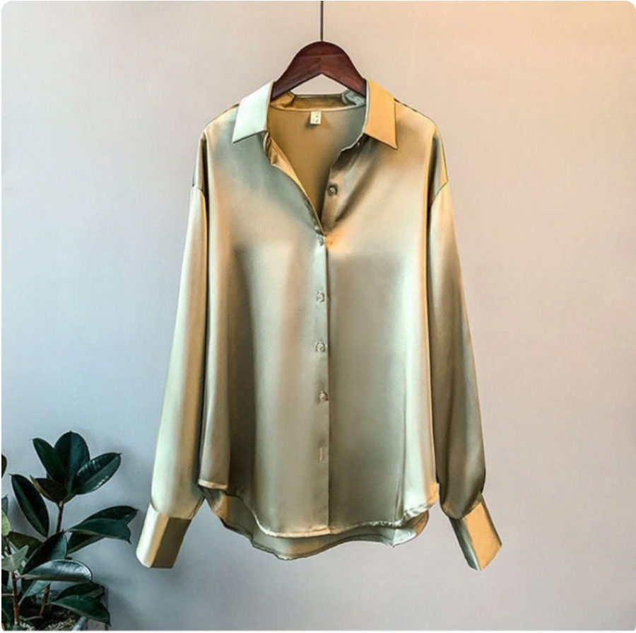 Adelinde | Satin Feel Button Front Long Sleeve Shirt