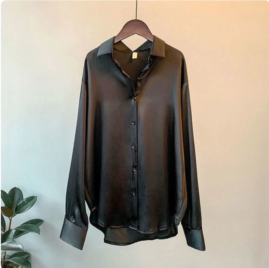 Adelinde | Satin Feel Button Front Long Sleeve Shirt