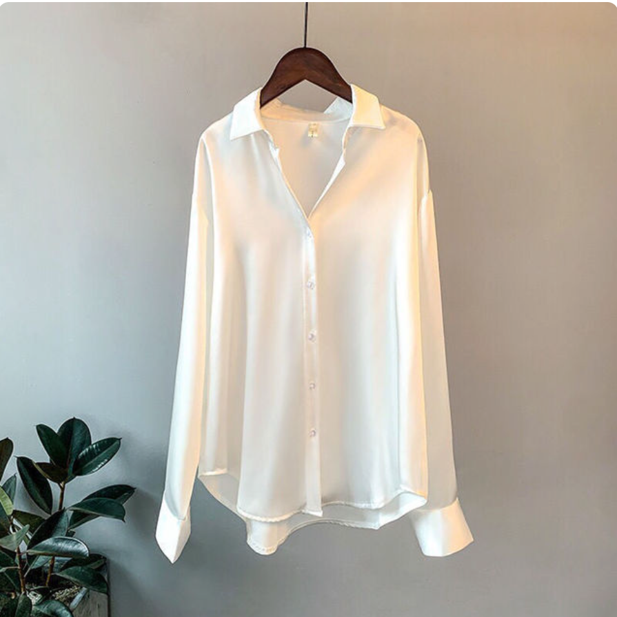 Adelinde | Satin Feel Button Front Long Sleeve Shirt