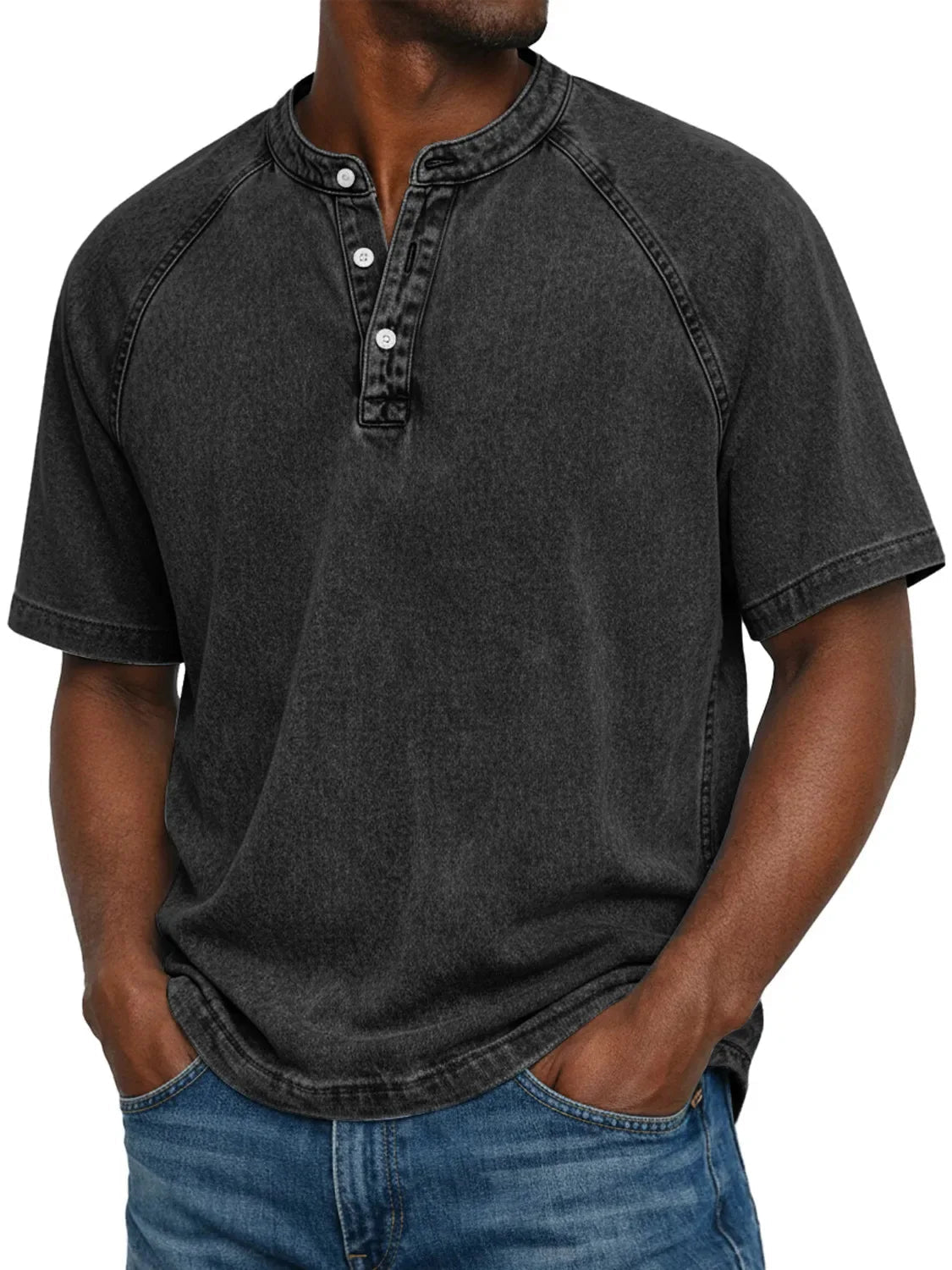 Esarot - Washed Button Neck T Shirt