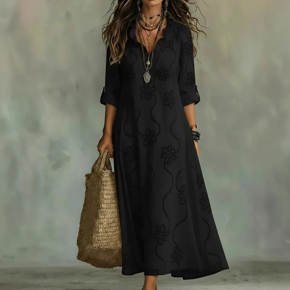 Alyxa - Long Sleeve Floral Embroidered Maxi Dress