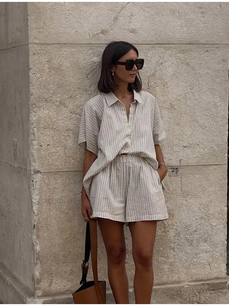 Geeta | Two Piece Striped Short Sleeve Shirt Set