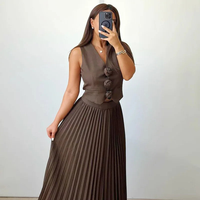Beyza - Pleated Midi Skirt Sleeveless Two Piece Set
