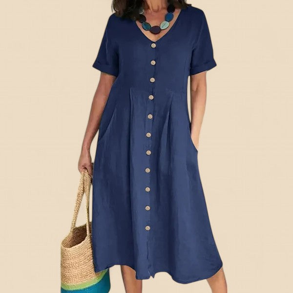 Vivienne | V-Neck Button Front Midi Dress
