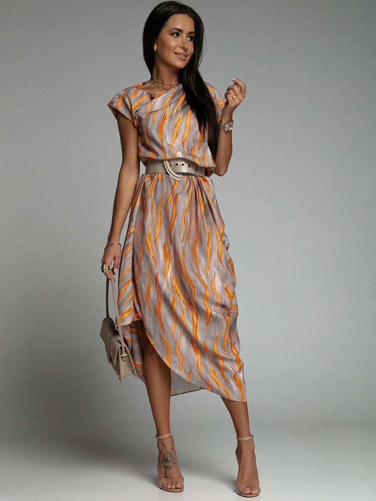 Angie - Asymmetric Printed Midi Dress With Belt