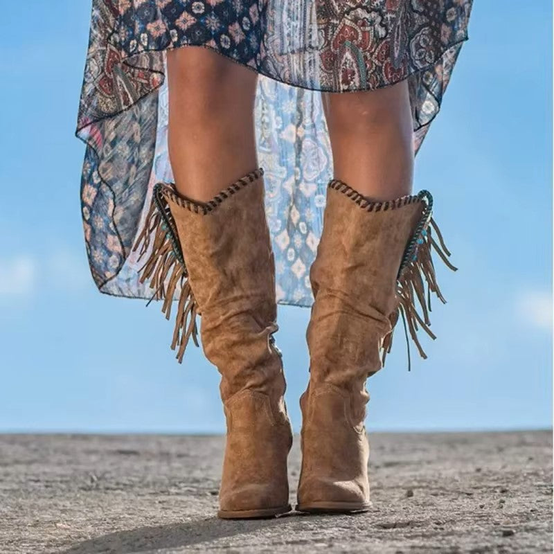 Susana | Mid Calf Fringe Block Heel Boots