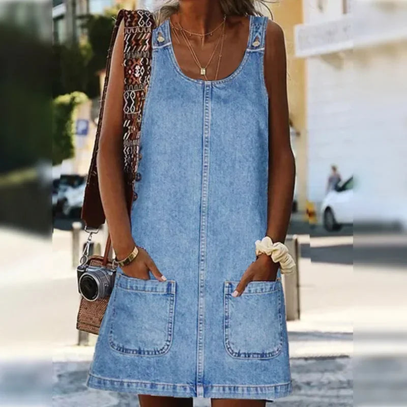 Lucelia | Washed Denim Pinafore Mini Dress Scoop Neck