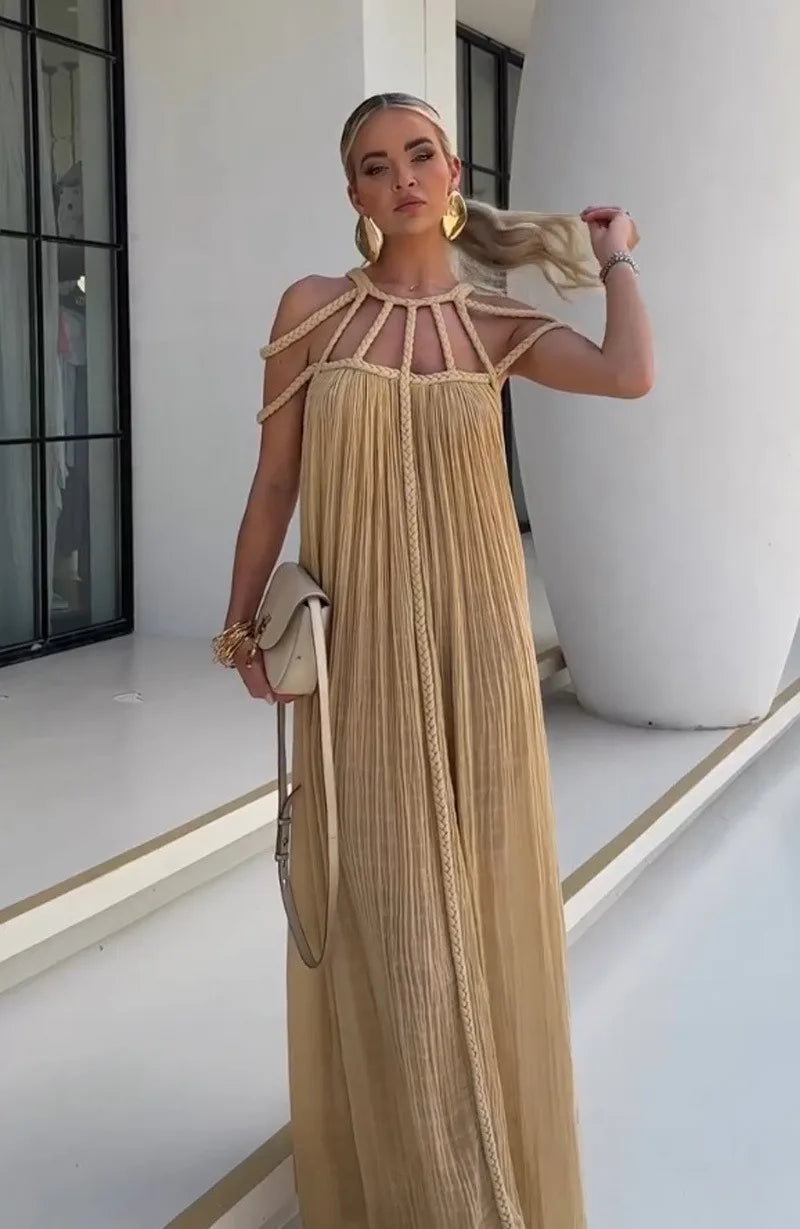 Nuriya | Strappy Halter Neck Pleated Maxi Dress