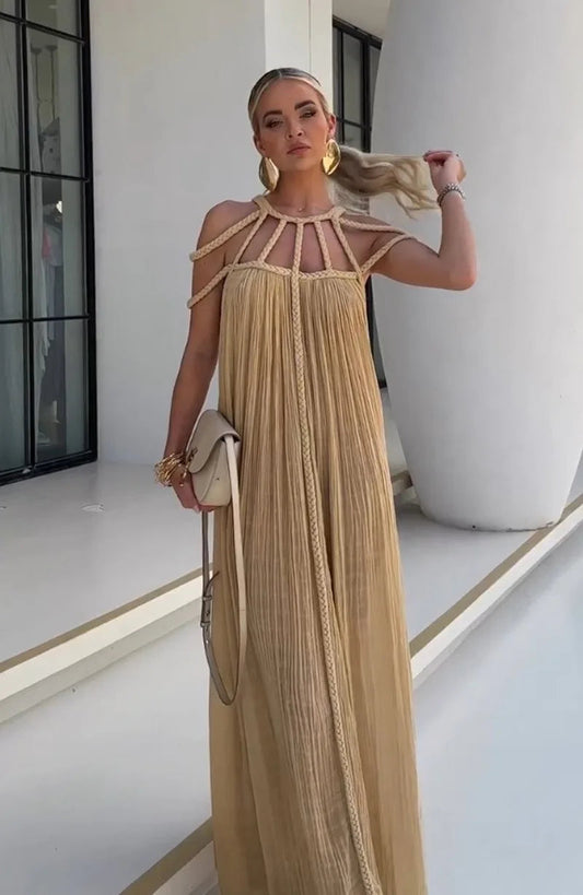 Nuriya | Strappy Halter Neck Pleated Maxi Dress