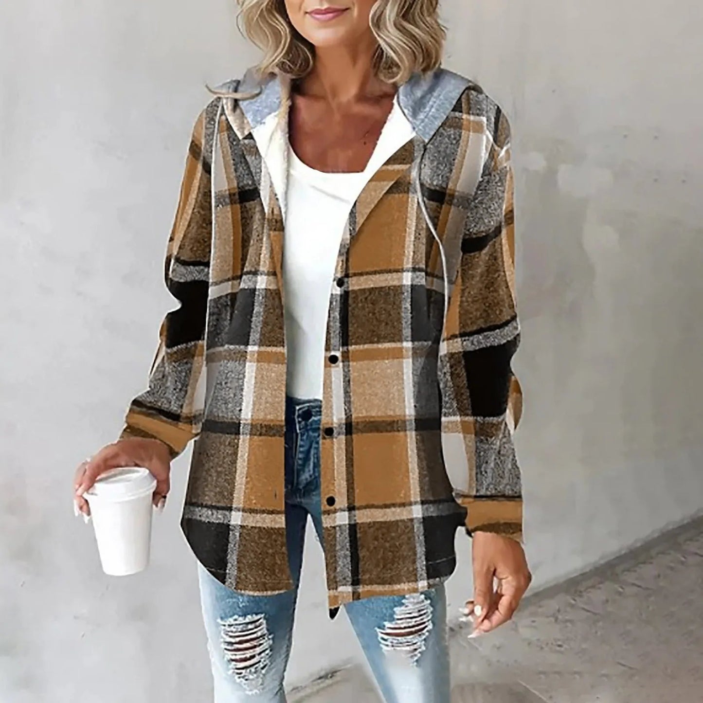 Katherina | Hooded Long Sleeve Check Overshirt Jacket