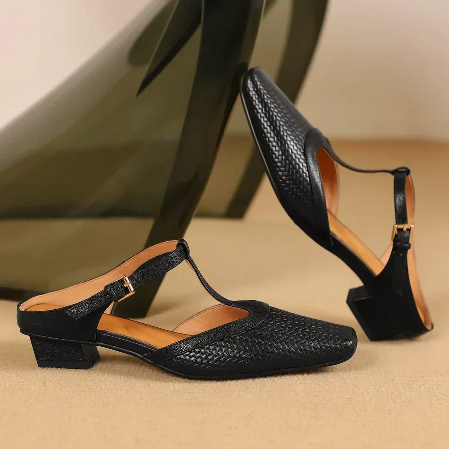 Birte | Woven T Strap Slingback Heels