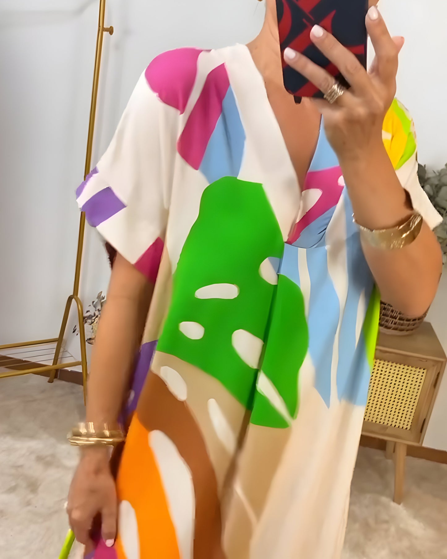 Ailsa | V-Neck Abstract Print Midi Kaftan Dress