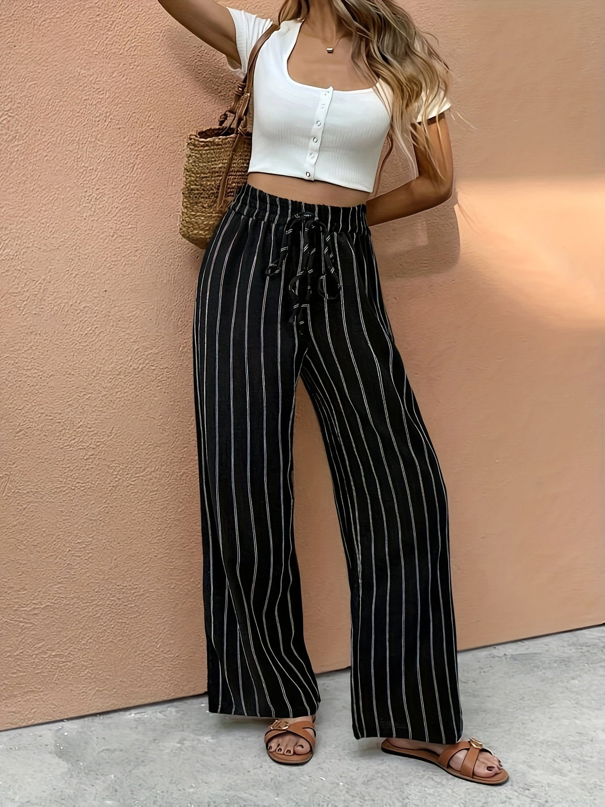 Fabiola | Wide Leg Striped Trousers with Drawstring Waist