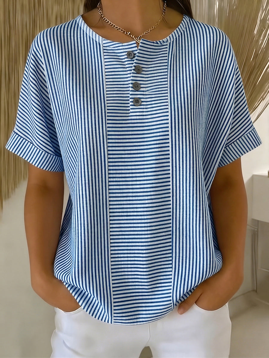Ilenia - Striped Button Front Short Sleeve Top