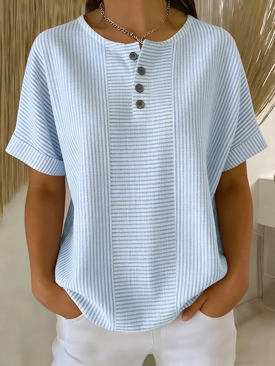Ilenia - Striped Button Front Short Sleeve Top
