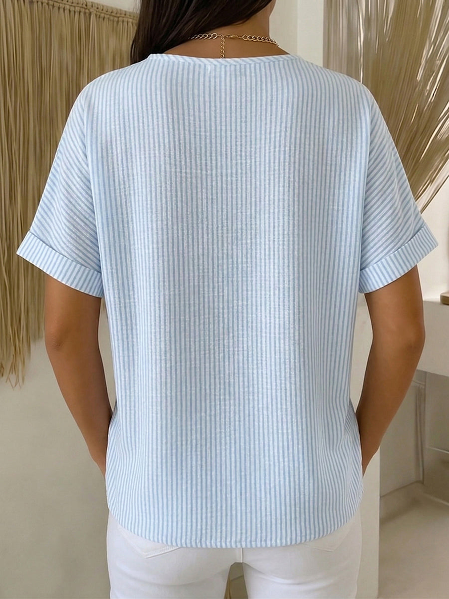 Ilenia - Striped Button Front Short Sleeve Top
