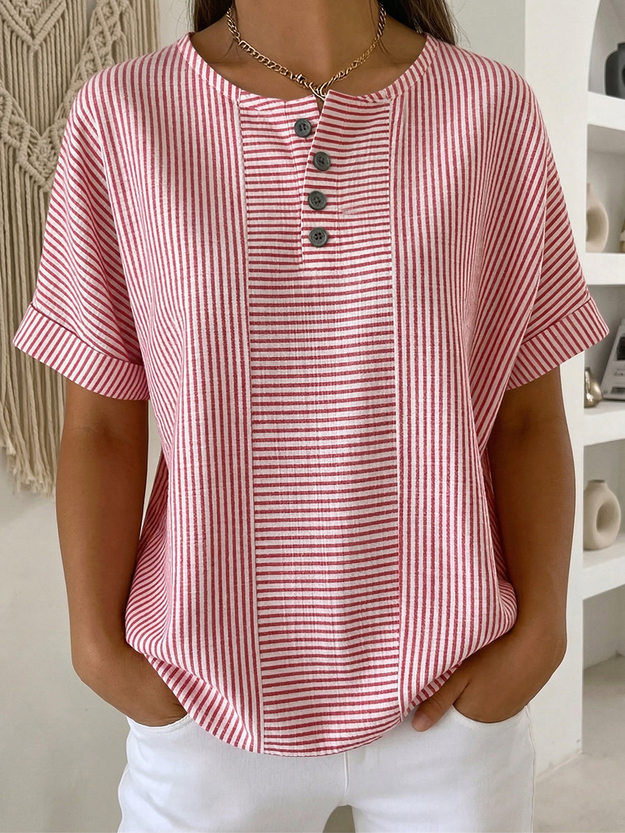 Ilenia - Striped Button Front Short Sleeve Top