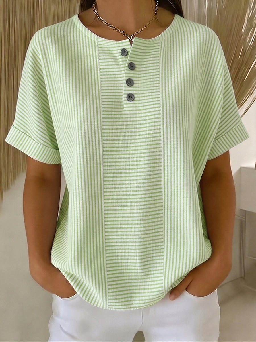 Ilenia - Striped Button Front Short Sleeve Top