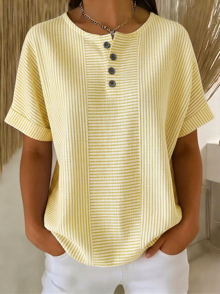 Ilenia - Striped Button Front Short Sleeve Top