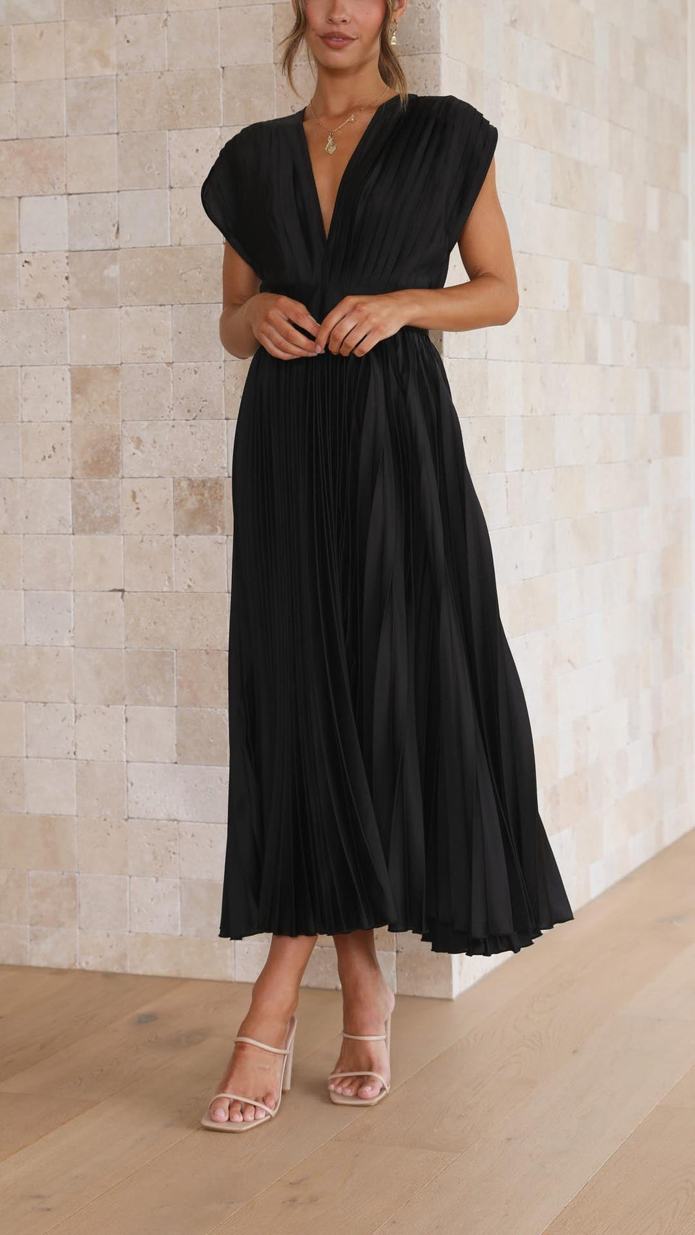 Iria | Pleated V Neck Midi Dress