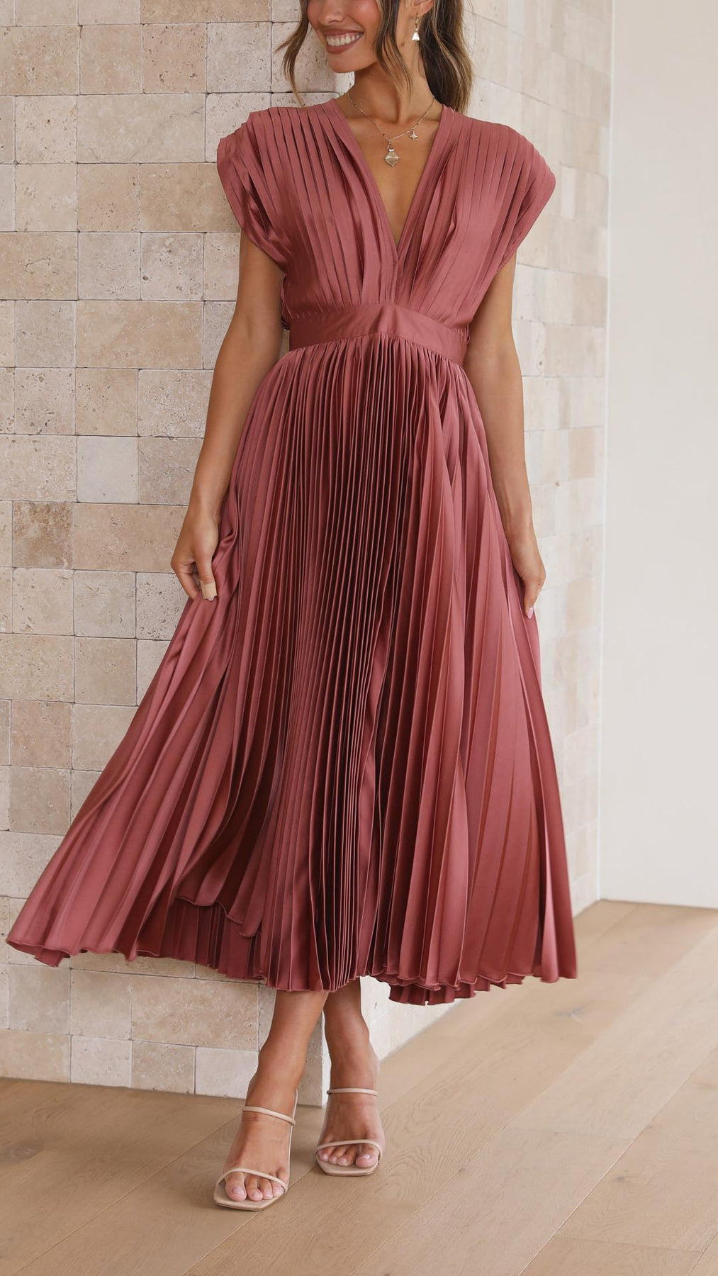 Iria | Pleated V Neck Midi Dress