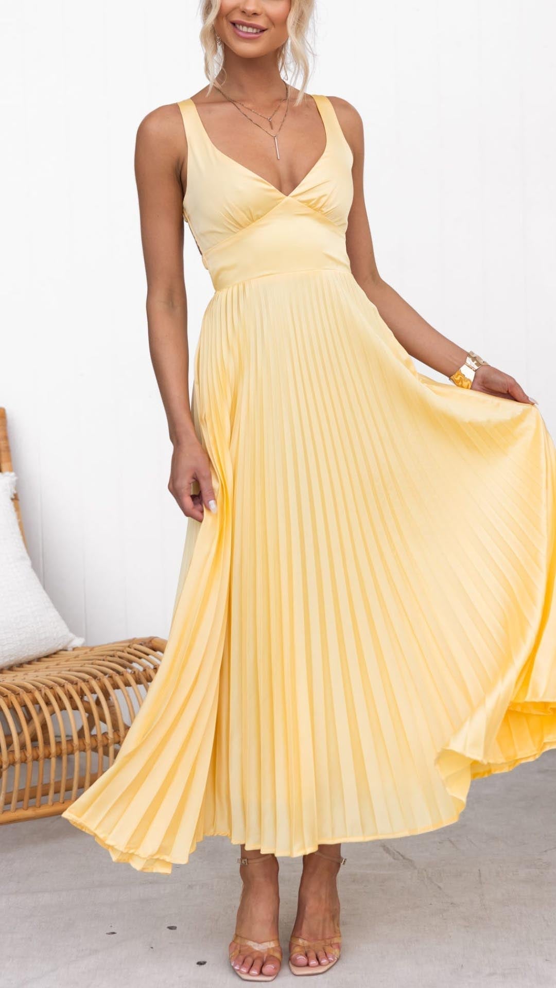 Sheree | Pleated V Neck Open Back Maxi Dress