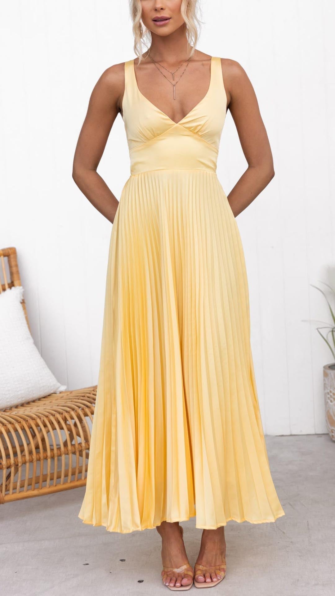 Sheree | Pleated V Neck Open Back Maxi Dress